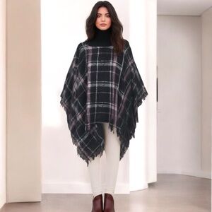 Black and Pink Buffalo Plaid Fringed Turtle Neck Poncho OS